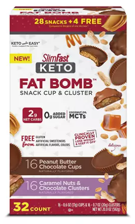 SlimFast Keto Fat Bomb, Peanut Butter Cup and Caramel Nut Clusters, Variety Pack (32 ct.)